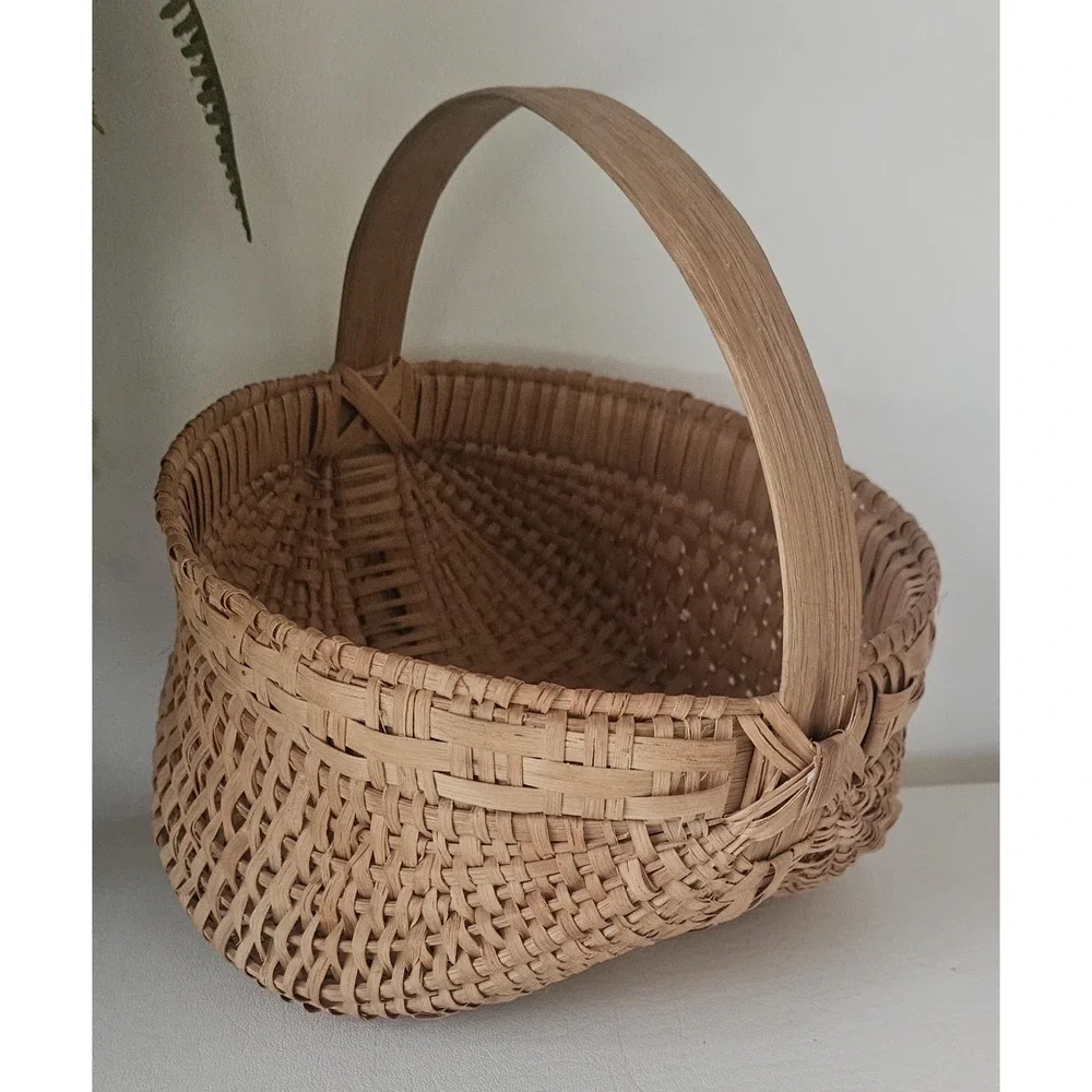 Antique Hand-Woven Gathering Basket Bentwood Handle 9